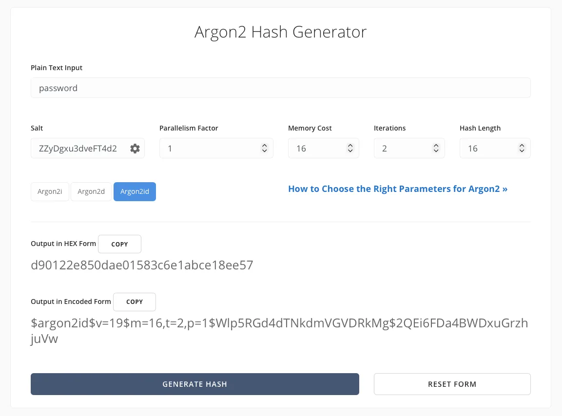 Creating an Argon2id hash on Argon2.Online