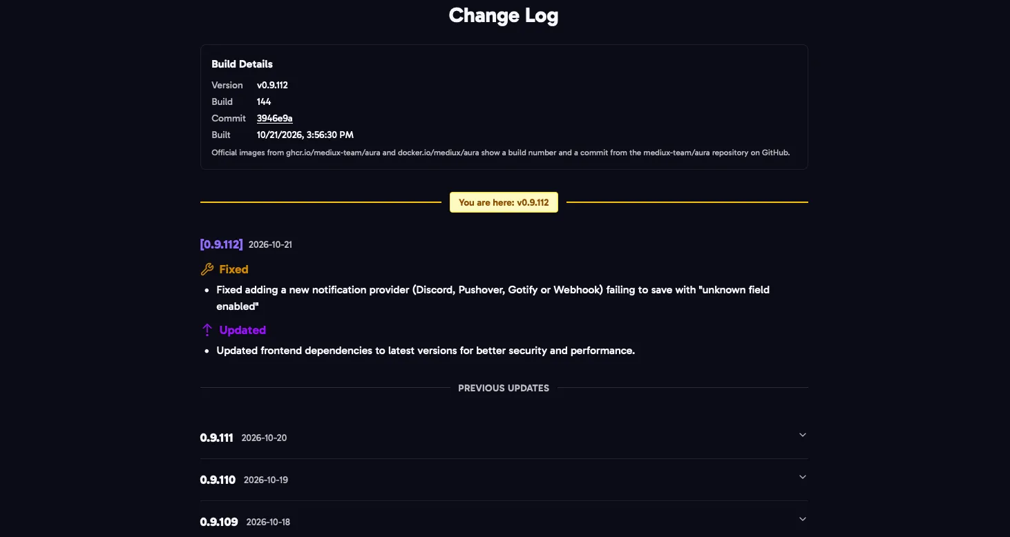 The Change Log page