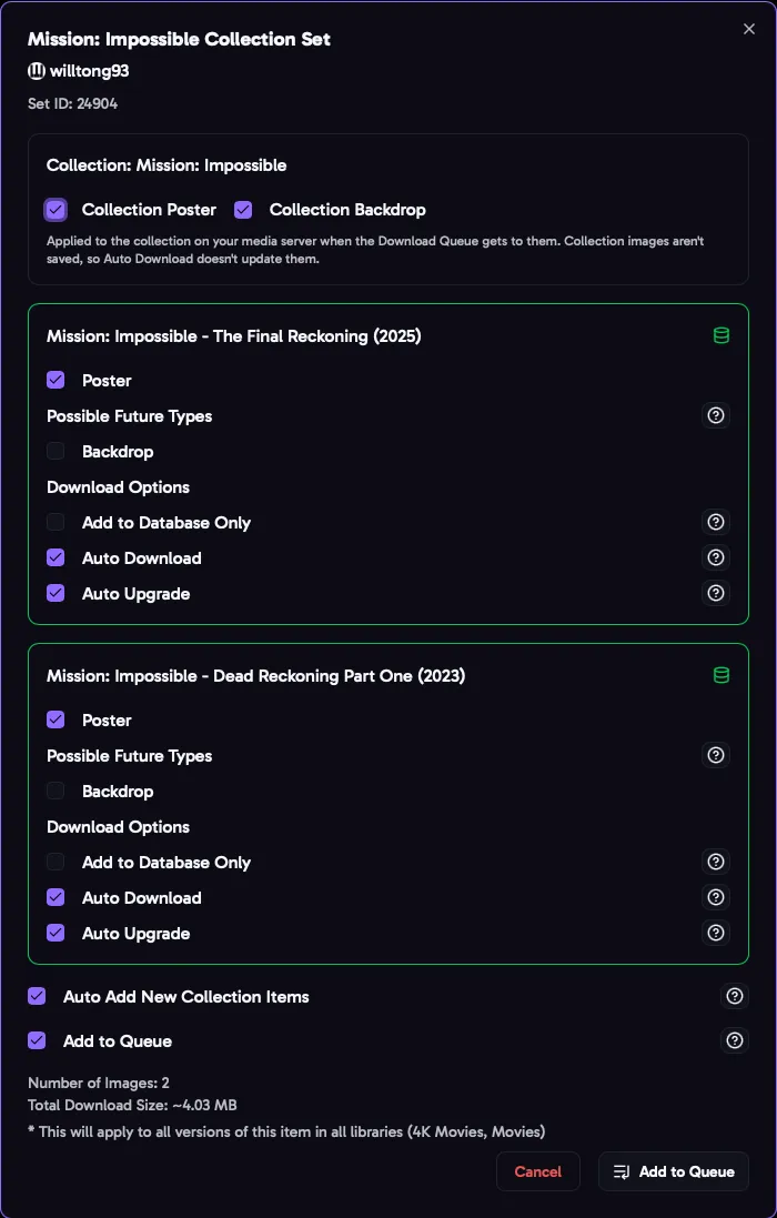 The download window for a movie set