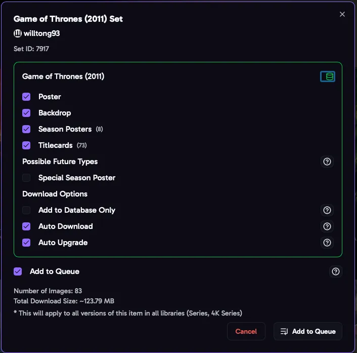 The download window for a show set