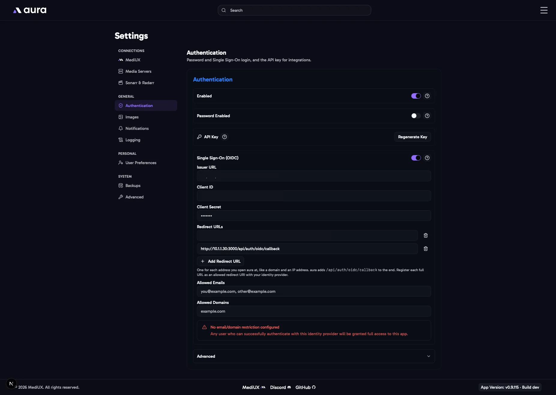Settings > Authentication