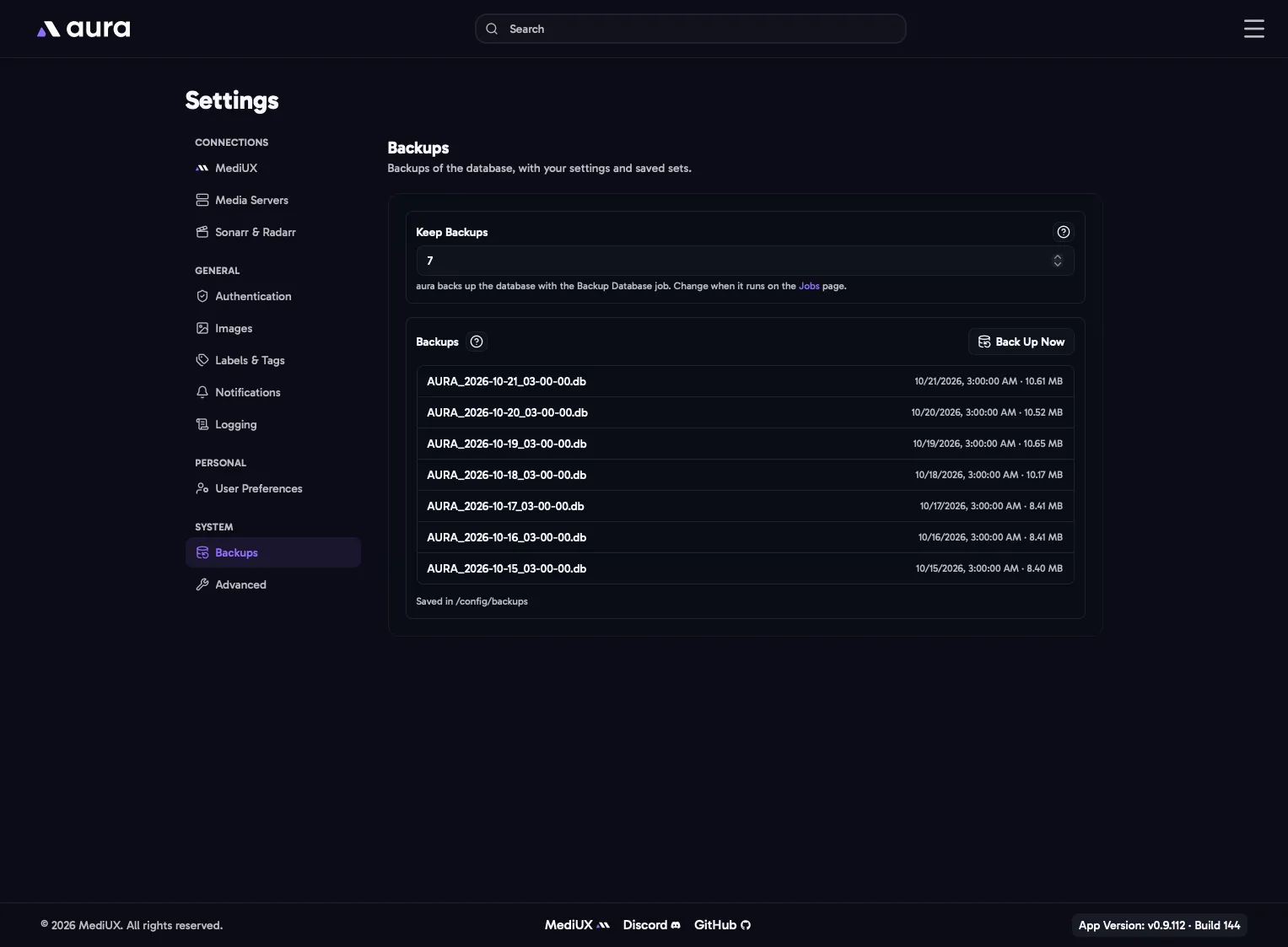 Settings > Backups