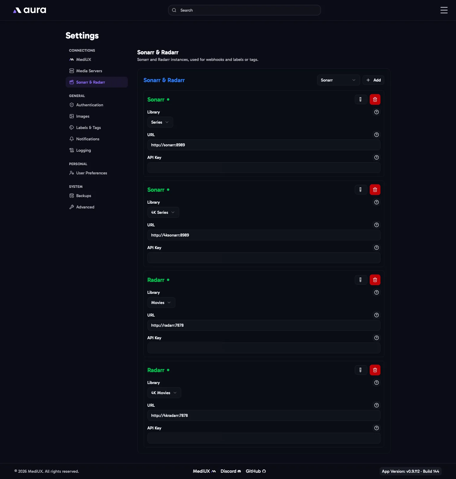 Settings > Sonarr & Radarr