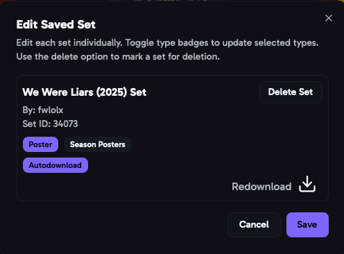 Saved Set Edit Popup Screenshot