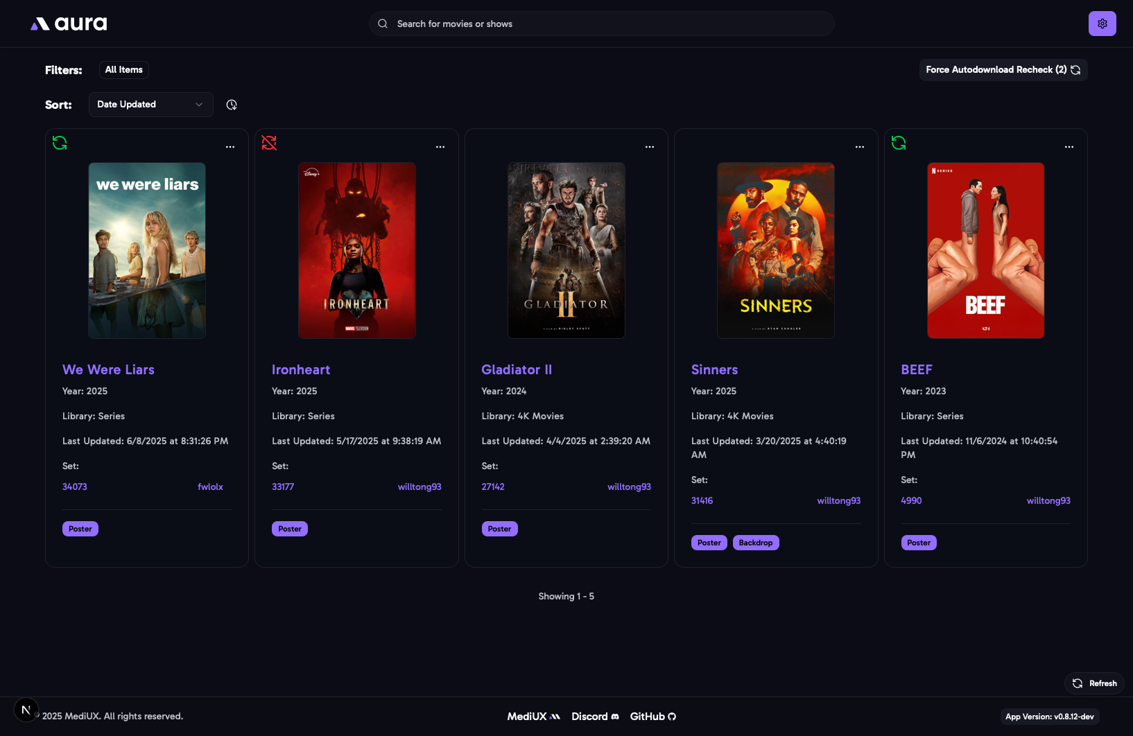 Saved Sets Page Screenshot