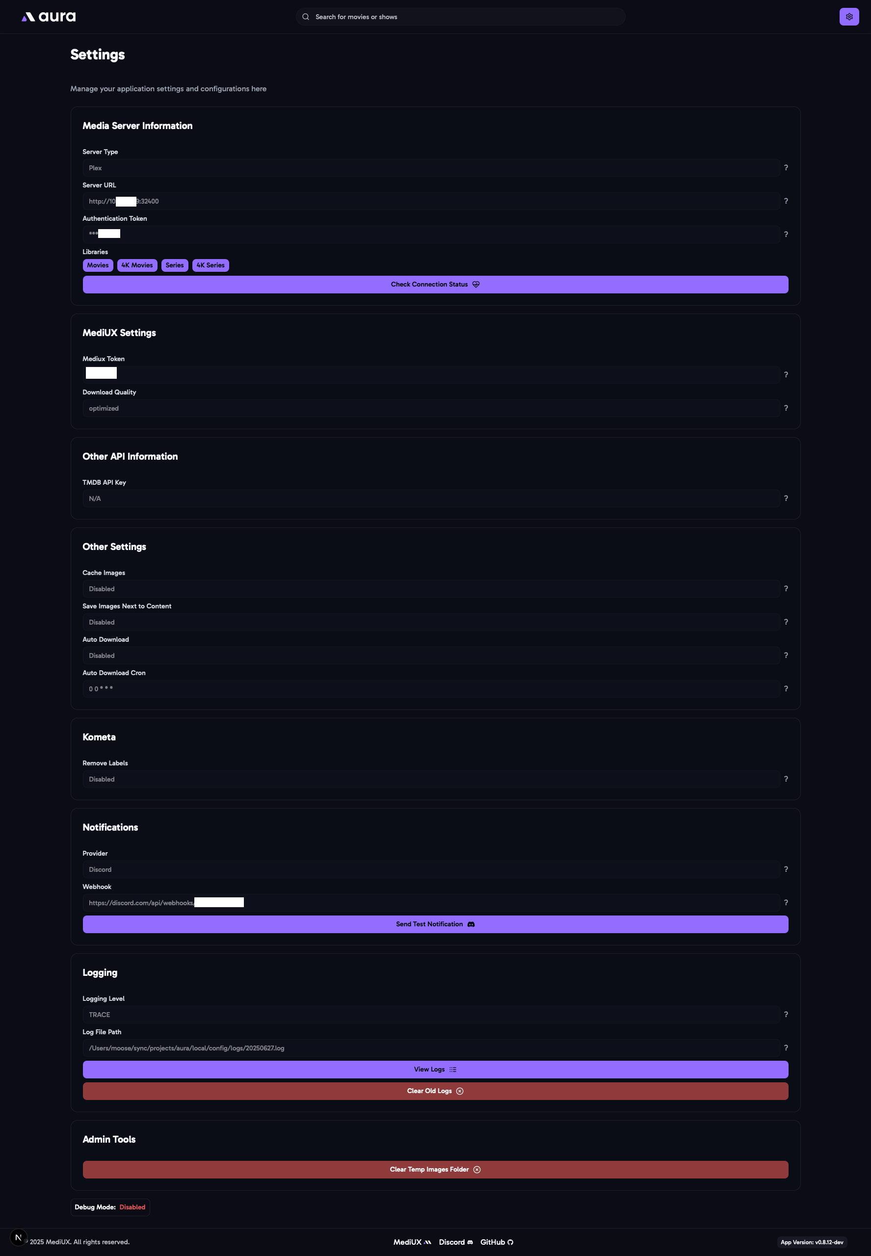 Settings Page Screenshot